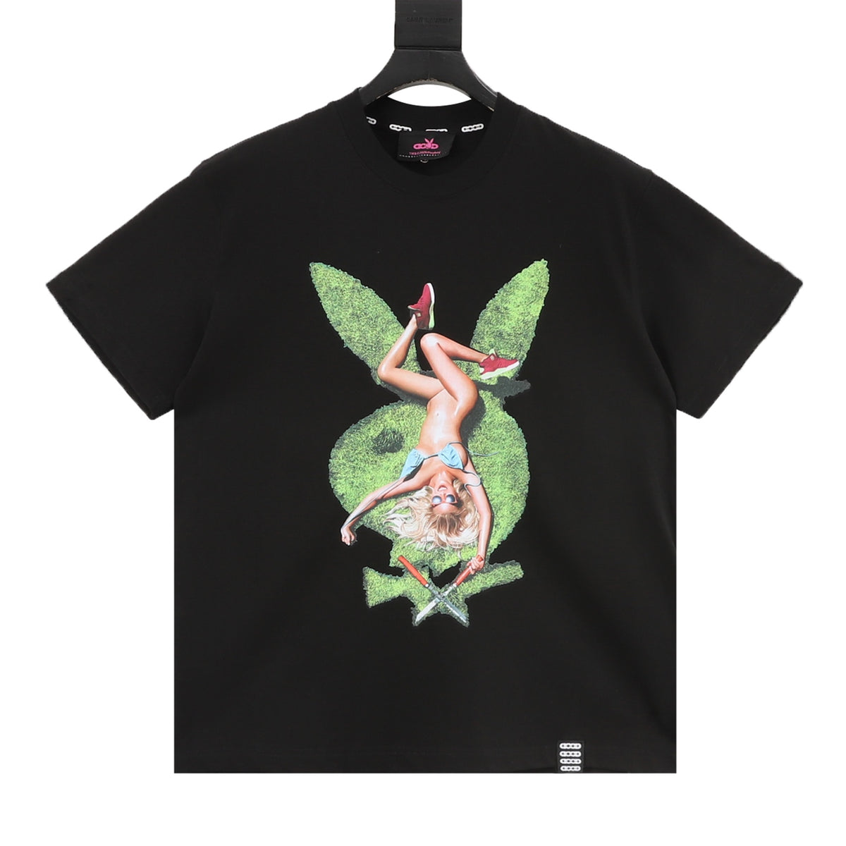 Goodboy "The Playboy Hotel & Casino" Green Script Print Short-Sleeve T-Shirt in Black