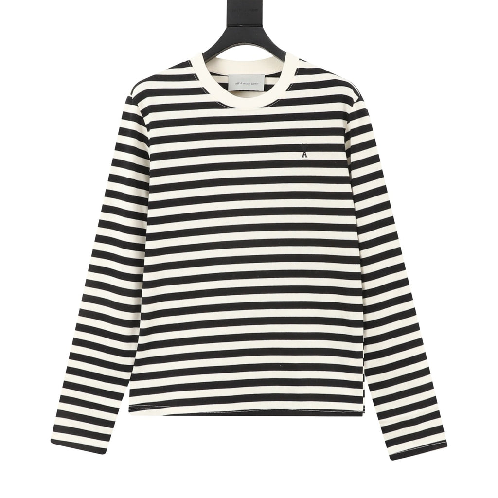 AMI Paris Women's & Men's Black & Off-White Striped Long Sleeve Top with Small A Logo
