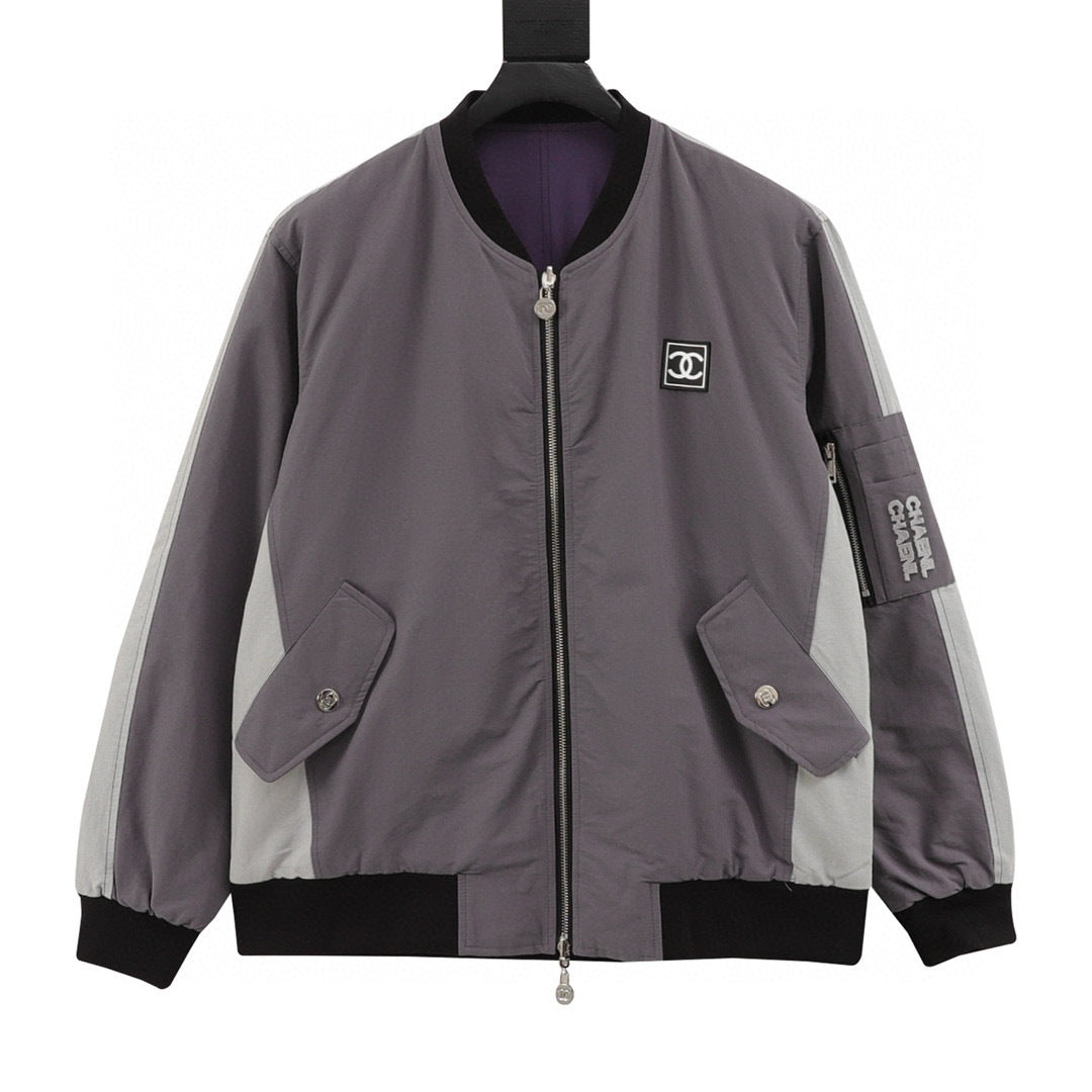 Chanel Reversible Quilted Cotton Jacket with Embroidered Slogan and Vintage-Style Zipper