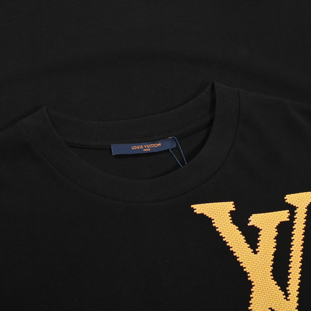 Louis Vuitton Gold Pixel LV Logo Short-Sleeve T-Shirt in Black