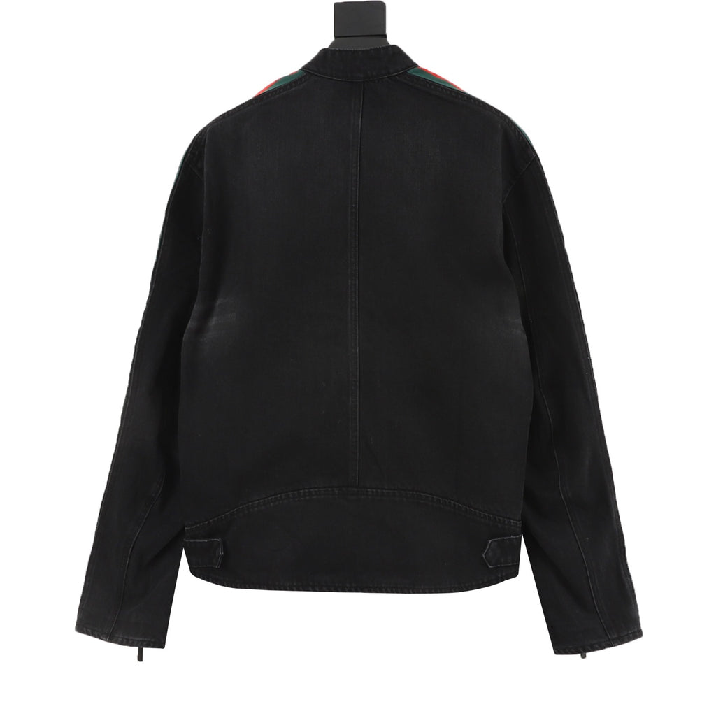 Gucci Women's & Men's Black Denim Jacket with Web Stripe Sleeves
