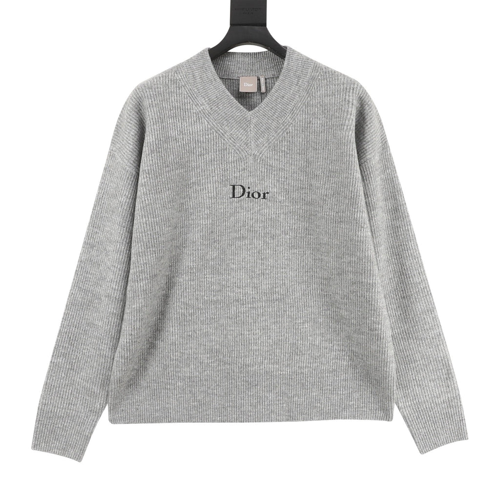 Dior Embroidered Logo Ribbed Wool V-Neck Sweater | Light Grey Relaxed Luxury Knitwear