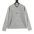 Dior Embroidered Logo Ribbed Wool V-Neck Sweater | Light Grey Relaxed Luxury Knitwear