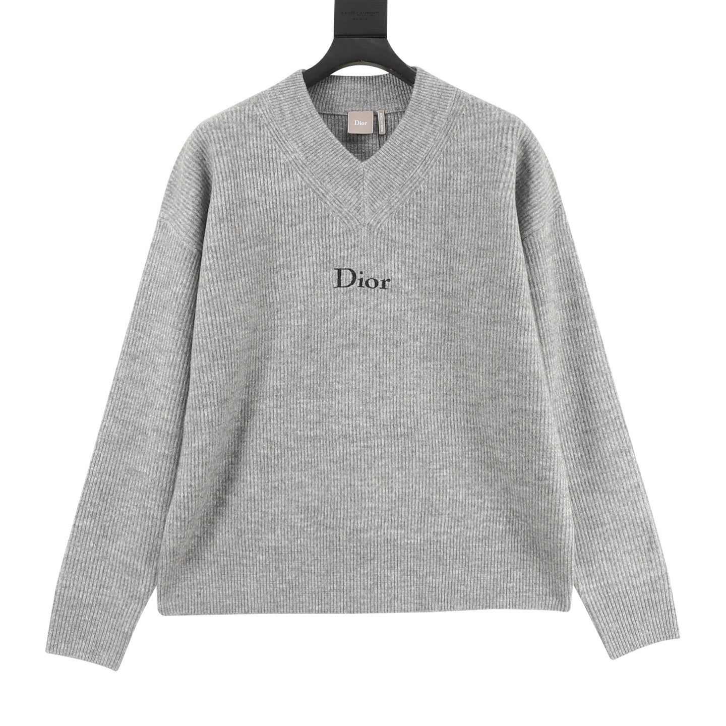 Dior Embroidered Logo Ribbed Wool V-Neck Sweater | Light Grey Relaxed Luxury Knitwear