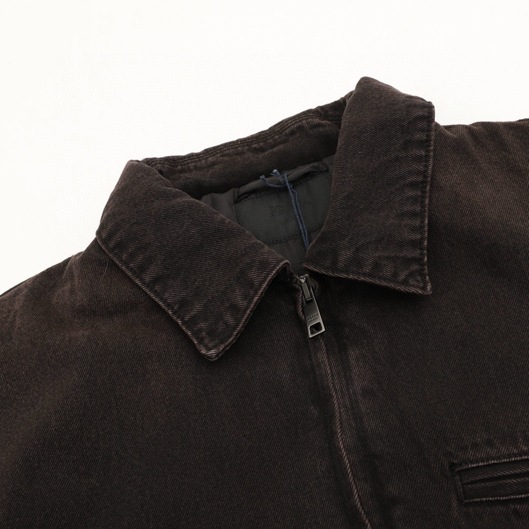 Prada Triangle Logo Over-Dyed Washed Denim Bomber Jacket