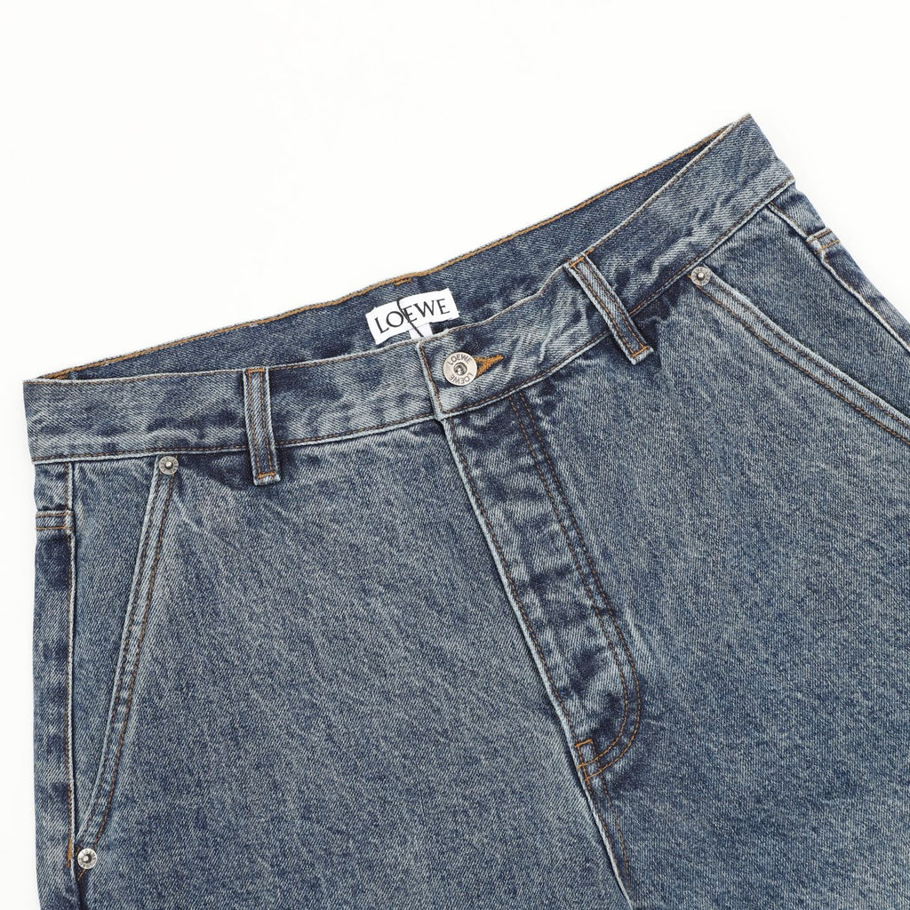Loewe Contrast Stitch Wide-Leg Washed Denim Trousers | Black Leather Patch Workwear Luxury