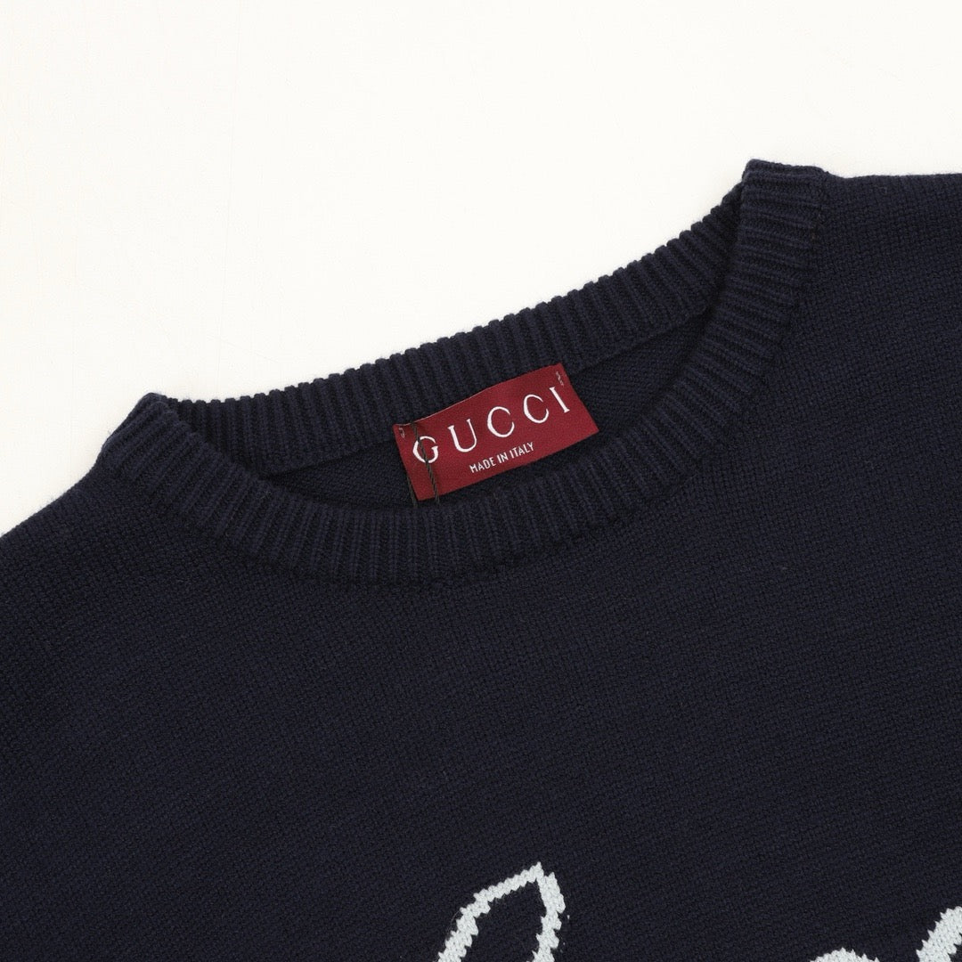 Gucci Women's Men's Navy Script Logo Crewneck Knit Sweater