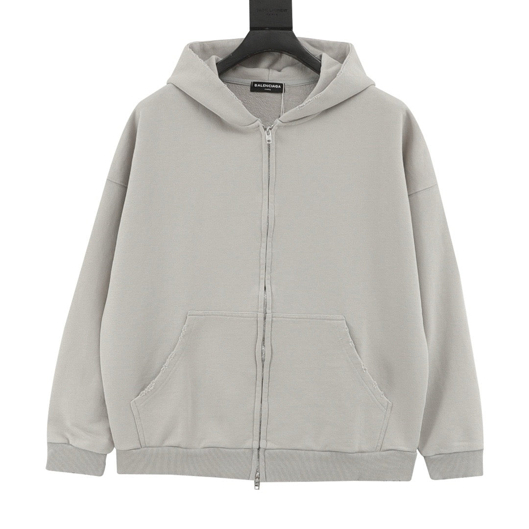 Balenciaga Women's Men's Light Grey Distressed Zip-Up Hoodie