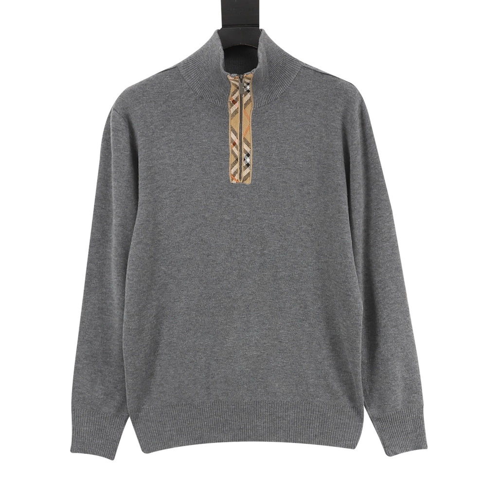 Burberry Check Plaid Zip-Up Wool Knit Sweater