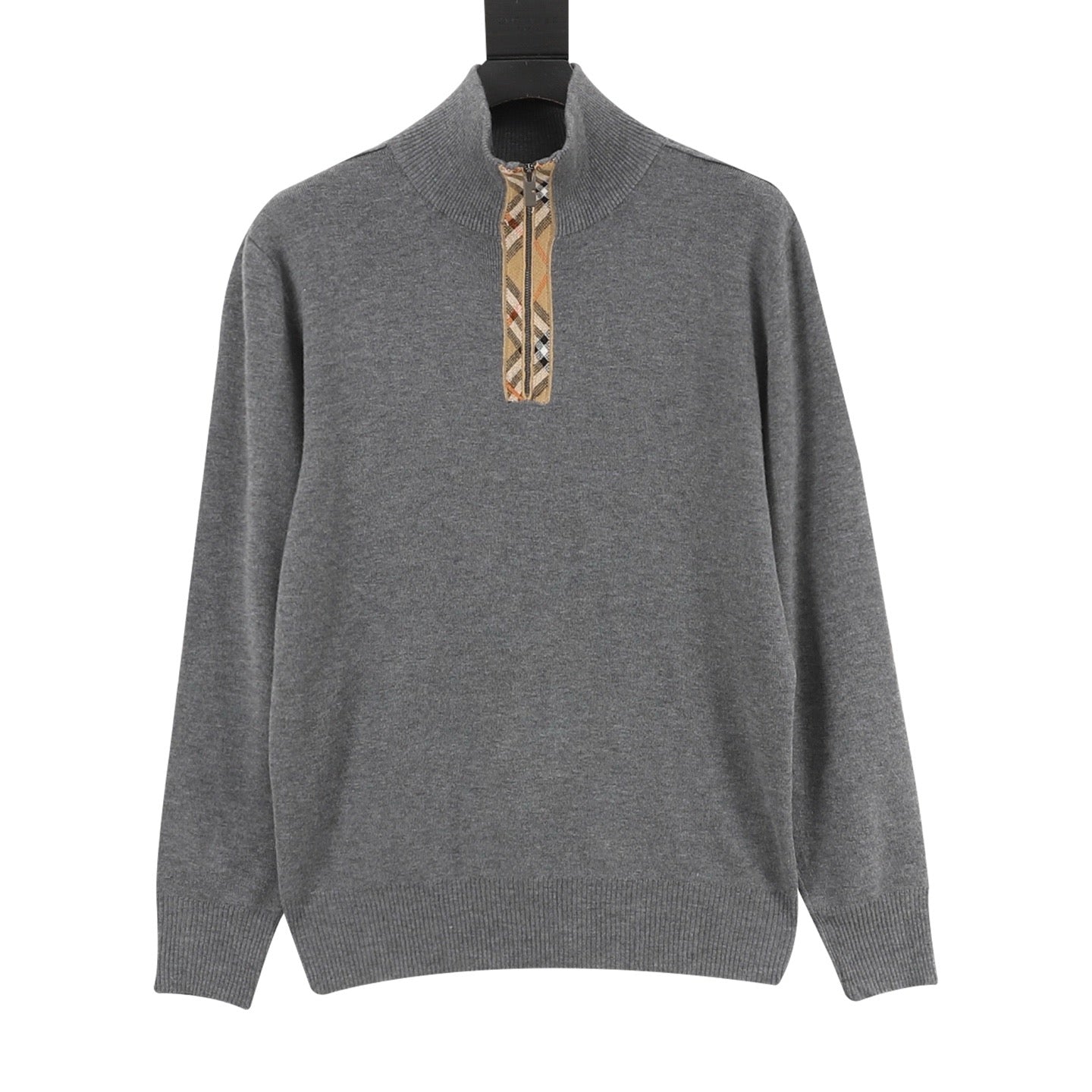 Burberry Check Plaid Zip-Up Wool Knit Sweater