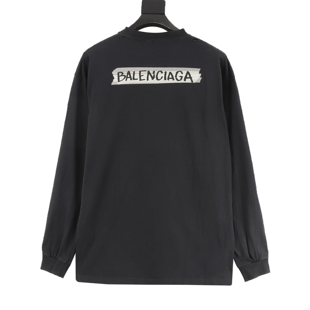 Balenciaga Masking Tape Plastisol Print Long Sleeve T-Shirt | Black Oversized Luxury Streetwear