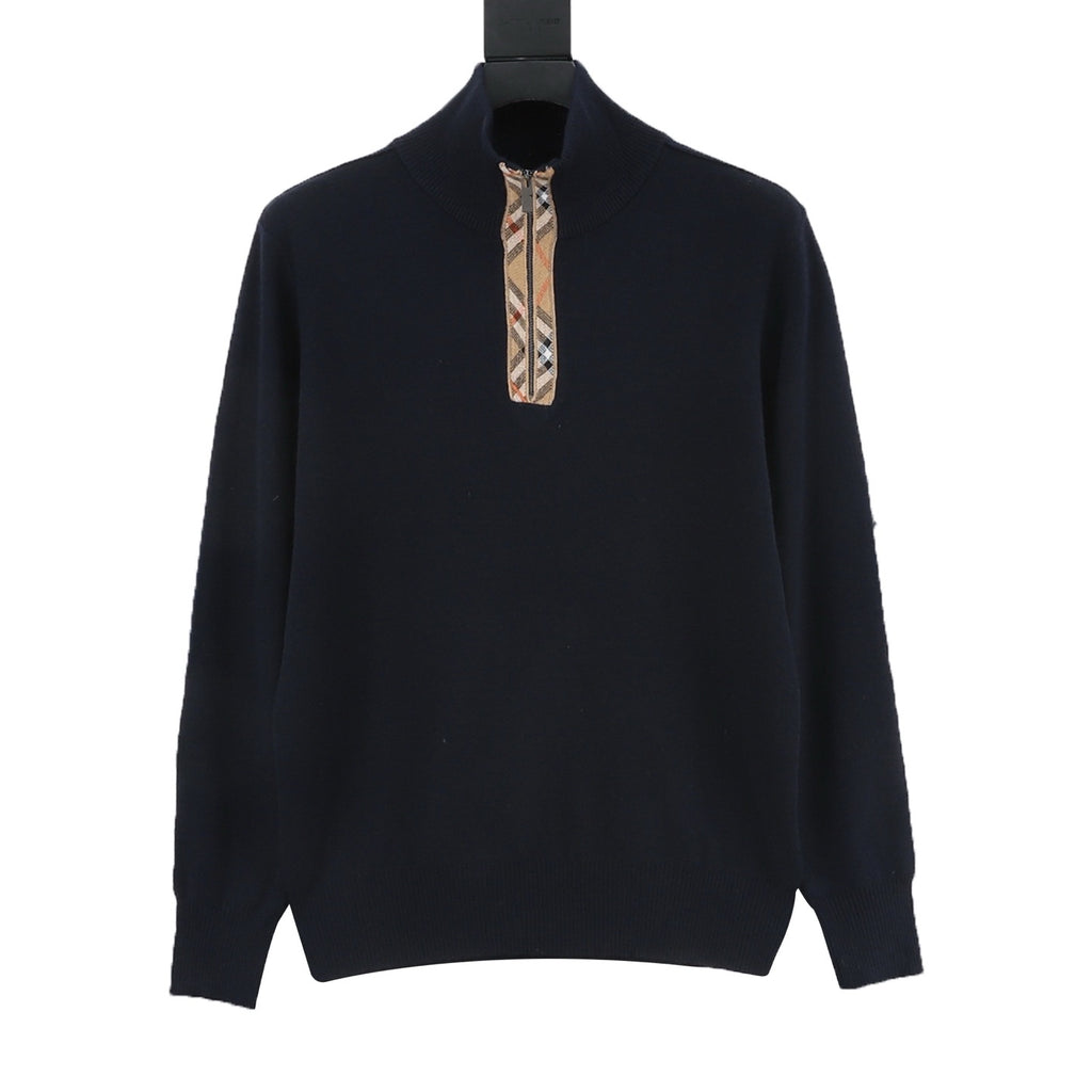 Burberry Check Plaid Zip-Up Wool Knit Sweater