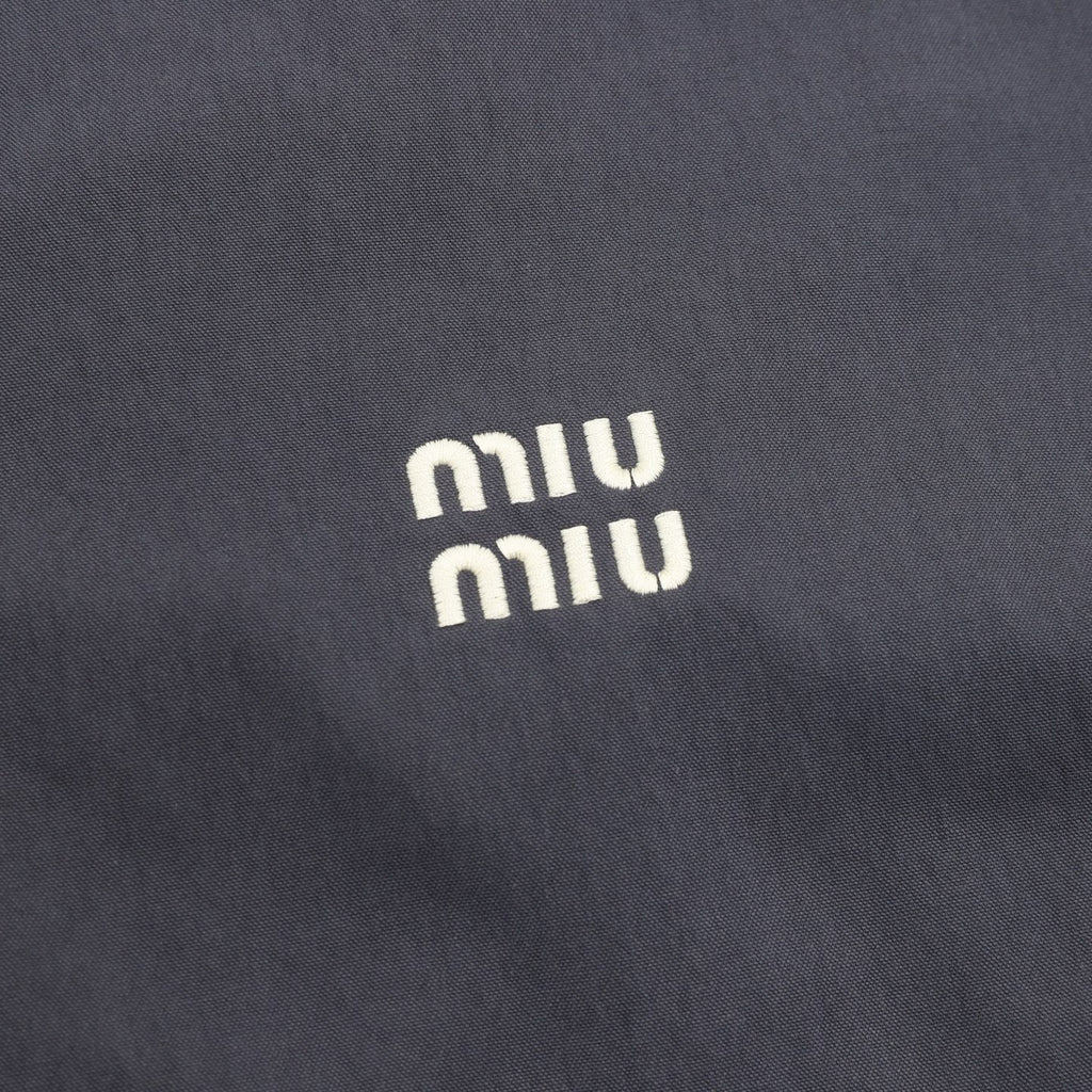 Miu Miu MM Embroidered Logo Shirt Collar Jacket | Slate Blue Elastic Hem Casual Outerwear