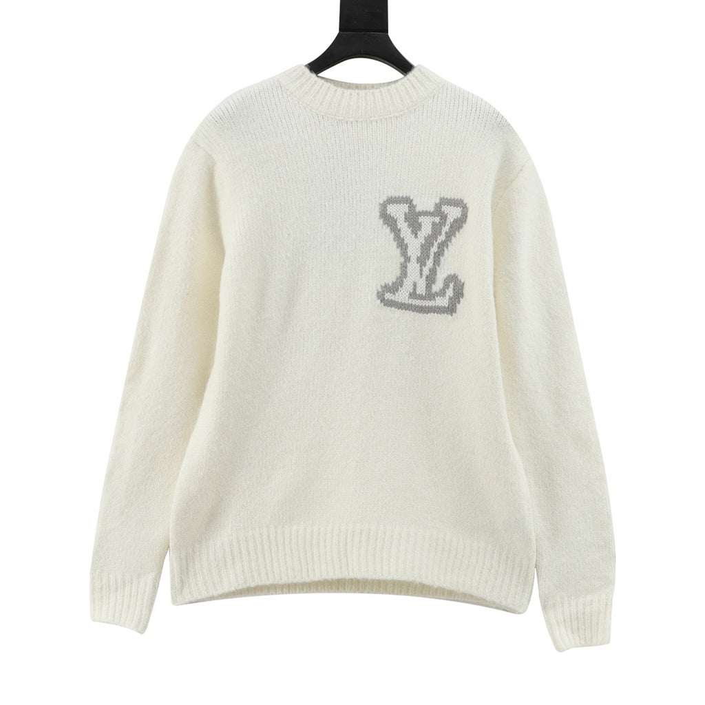Louis Vuitton Women's Men's Off-White Intarsia LV Logo Crewneck Knit Sweater