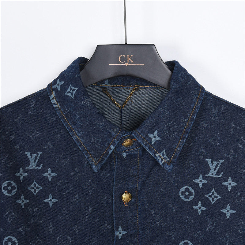 Louis Vuitton All-Over Monogram Short-Sleeve Denim Shirt in Dark Blue