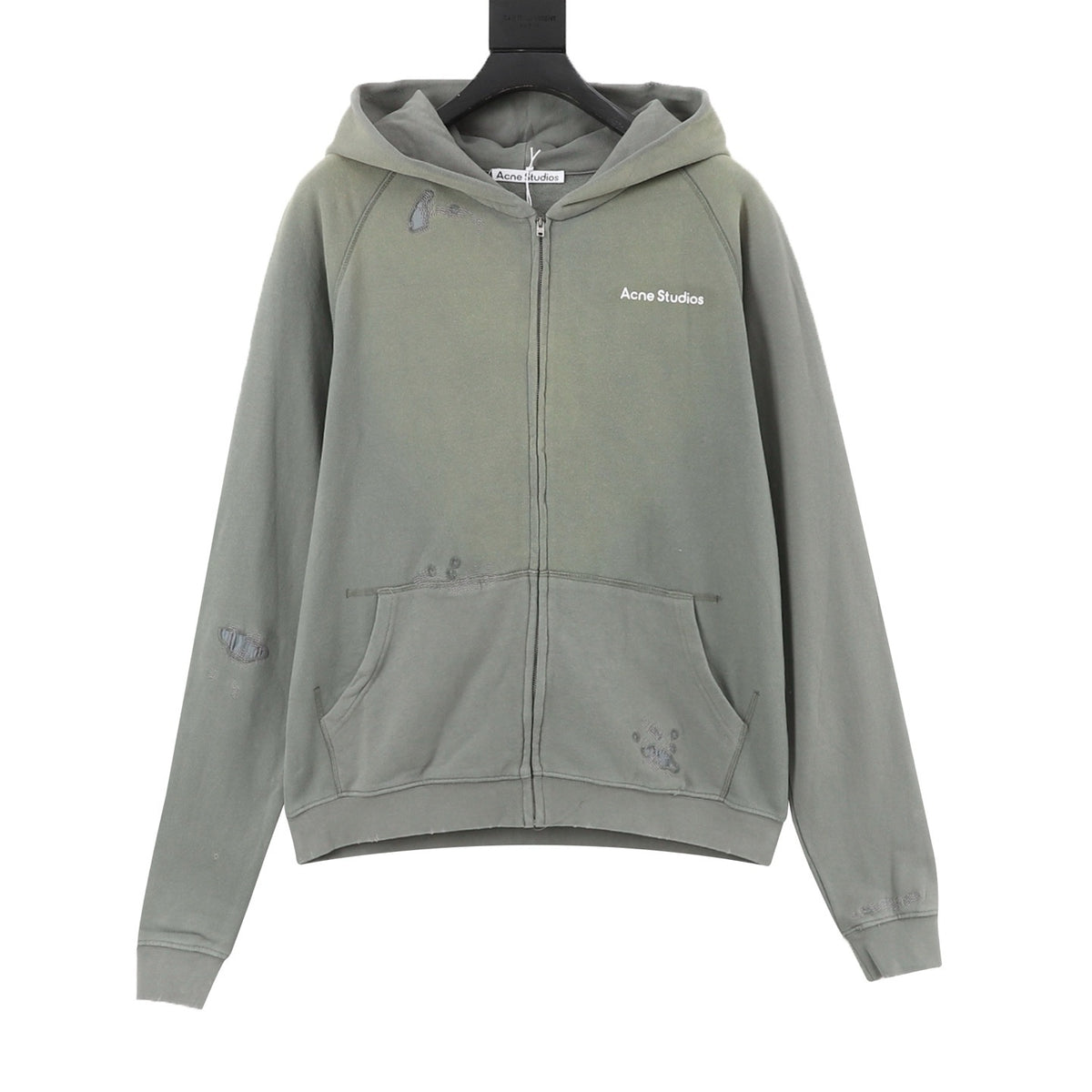 Acne Studios Women's & Men's Distressed Logo Zip-Up Hoodie in Sage Green