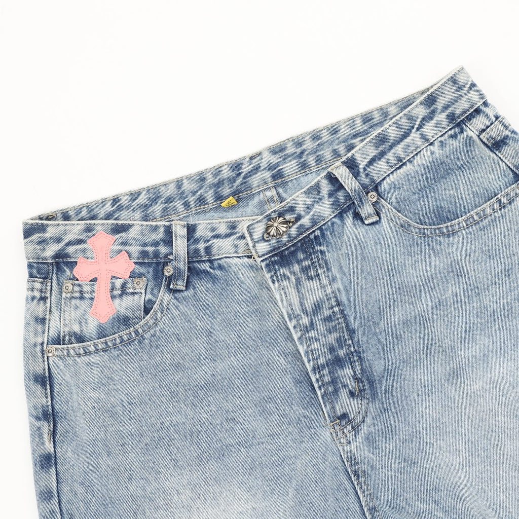 Chrome Hearts × Gallery Dept. Cross Patchwork Flare Jeans — Light Wash