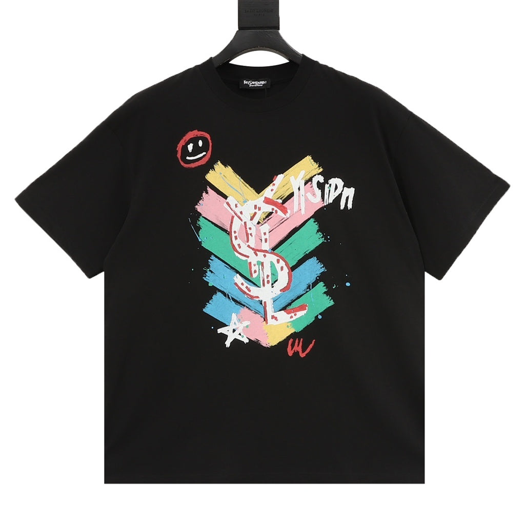 Yves Saint Laurent Men's Black Colorful Graffiti Logo T-Shirt