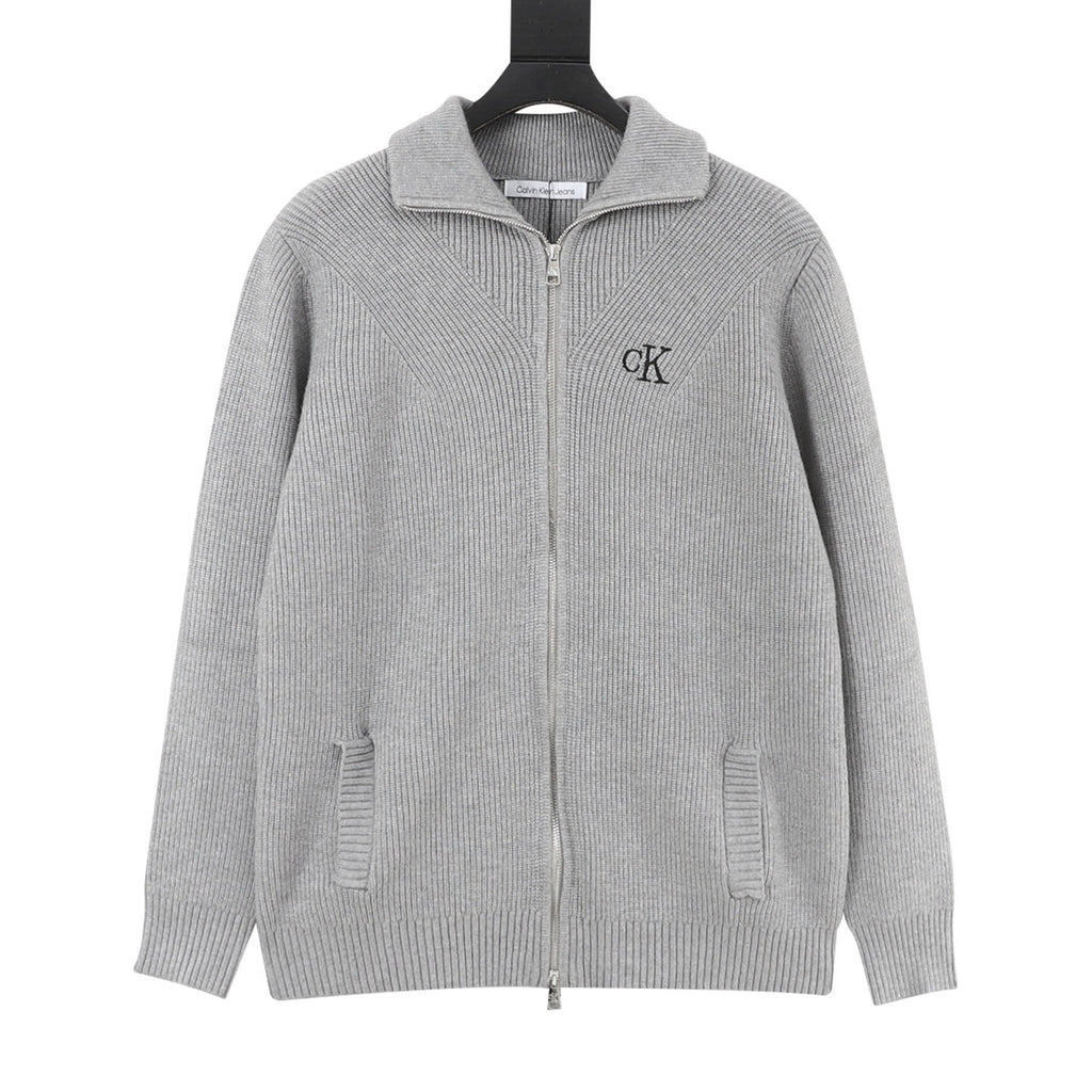 Calvin Klein Women's Men's Grey Full-Zip Ribbed Knit Sweater