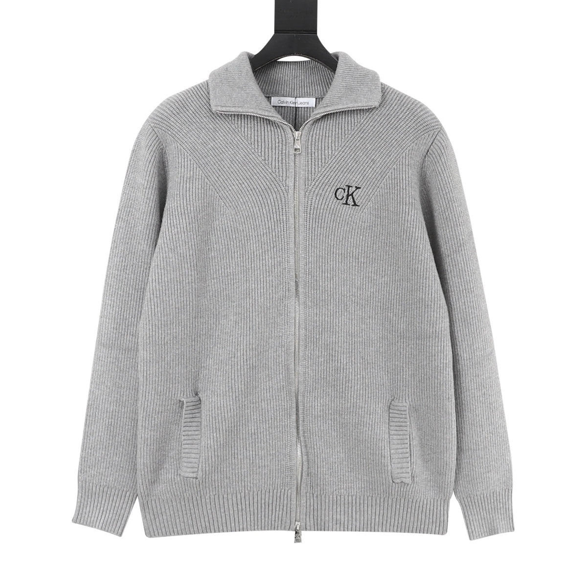 Calvin Klein Women's Men's Grey Full-Zip Ribbed Knit Sweater