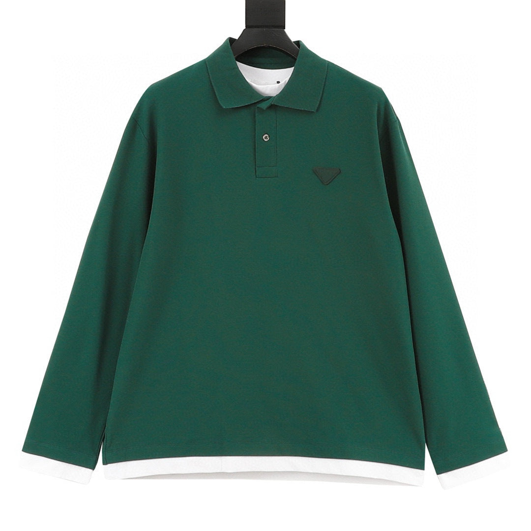 Prada Faux-Layered White Cuff Piqué Cotton Long-Sleeve Polo Shirt