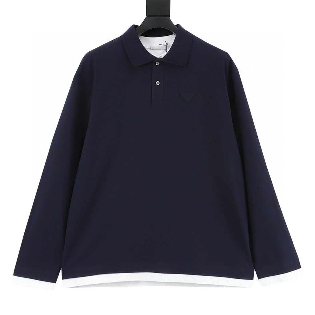 Prada Faux-Layered White Cuff Piqué Cotton Long-Sleeve Polo Shirt