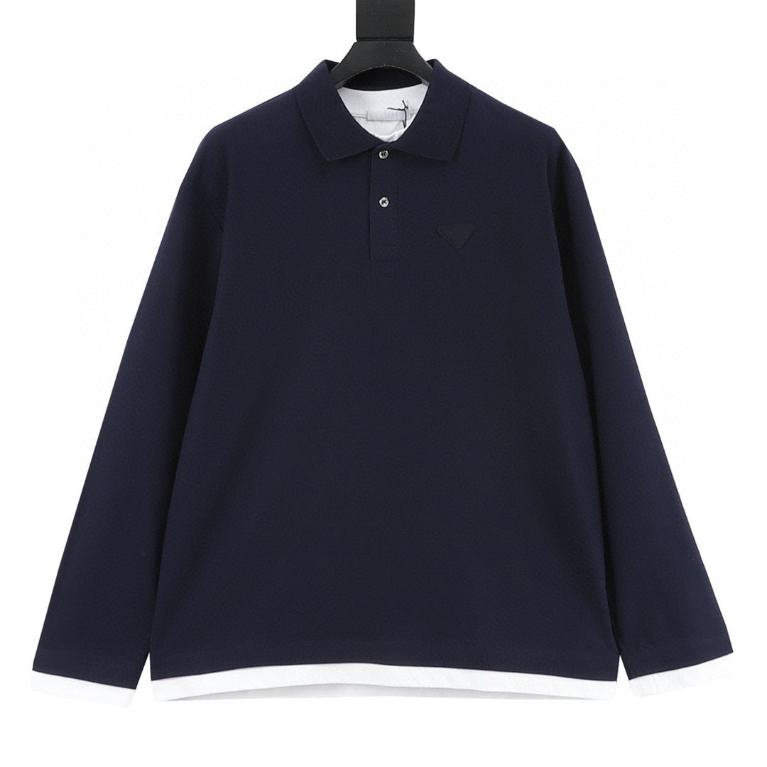 Prada Faux-Layered White Cuff Piqué Cotton Long-Sleeve Polo Shirt