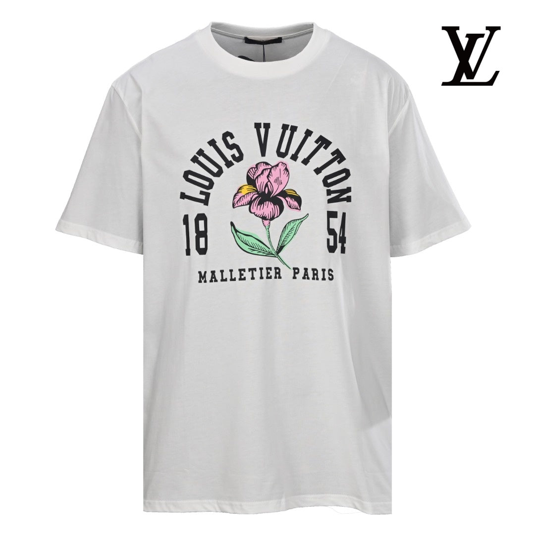 Louis Vuitton Men's White Flower Letter Print T-Shirt
