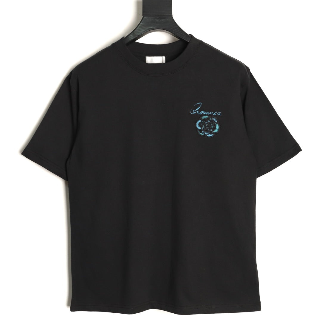 Prada Men's Black Blue Rose Embroidered T-Shirt