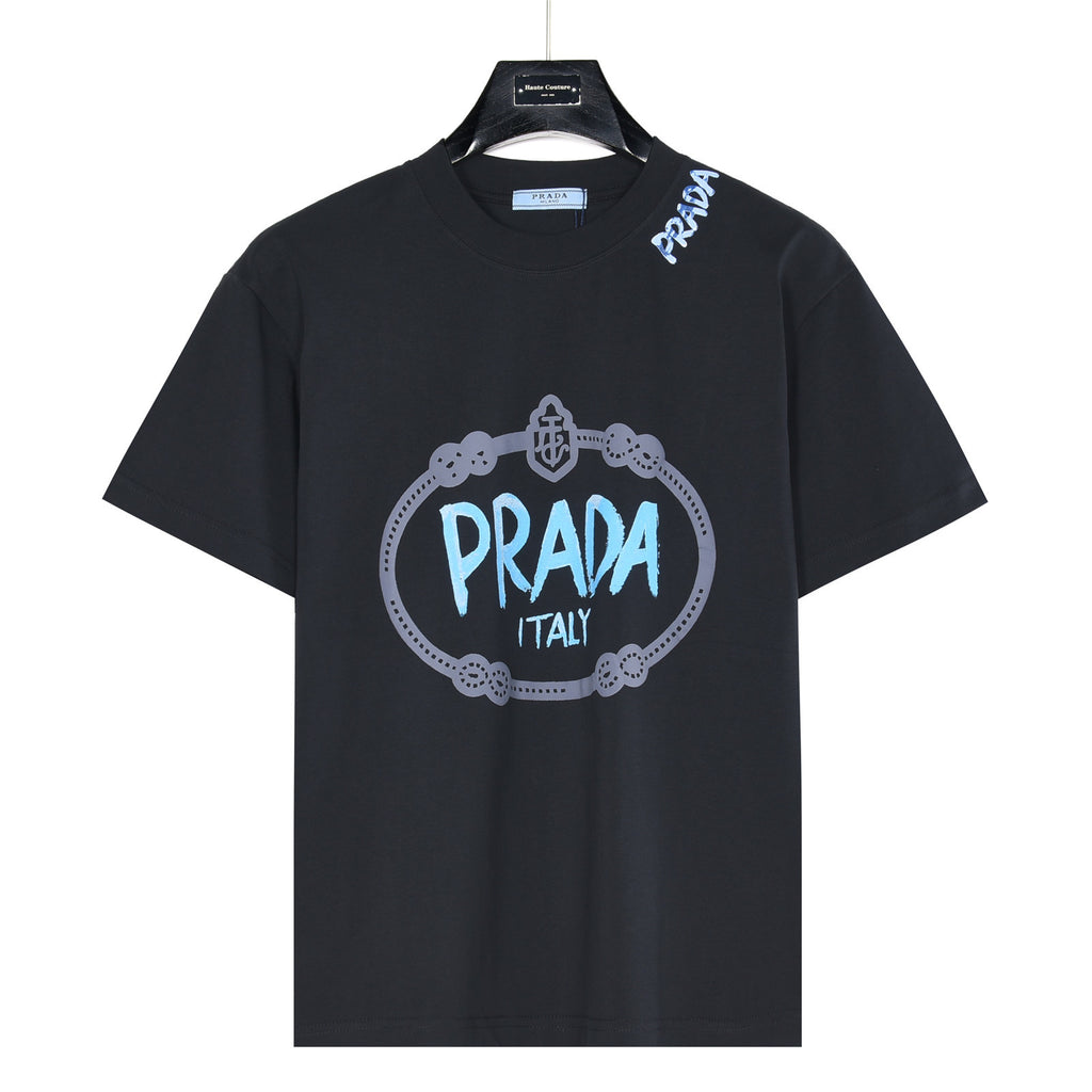 Prada Blue Graffiti Oval-Frame Logo Short-Sleeve T-Shirt in Black