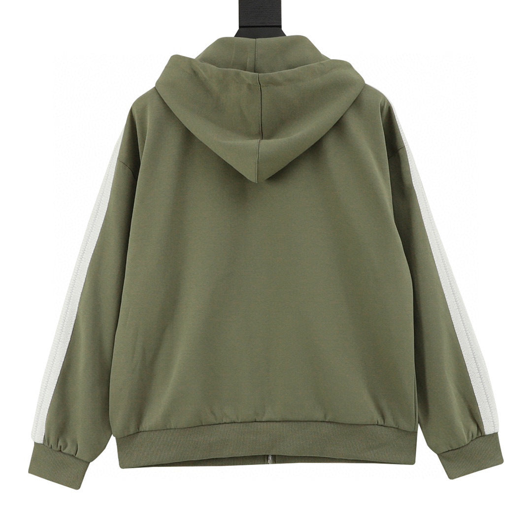 Loewe Anagram Logo Embroidered Contrast Sleeve Zip-Up Hoodie — Olive