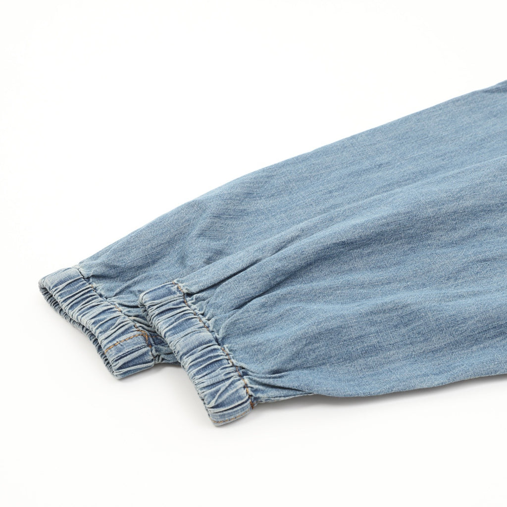Miu Miu Washed Denim Bomber Jacket — Light Blue, Gold Topstitch | Made in Italy