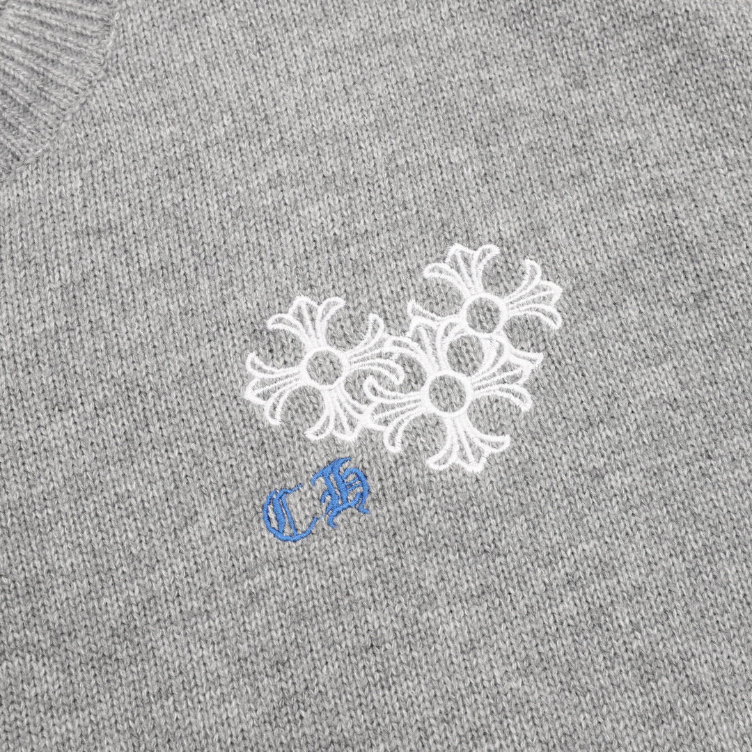 CH Embroidered Sanskrit Cross Distressed Knit Sweater