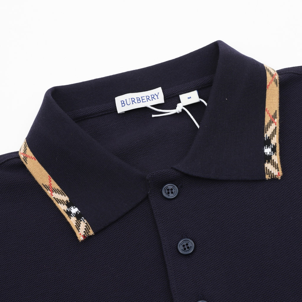 Burberry Men's Navy Check-Collar Long-Sleeve Polo Shirt