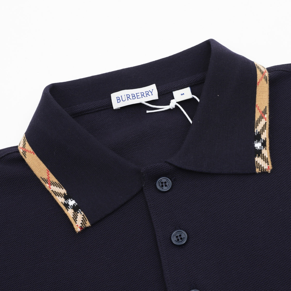 Burberry Men's Navy Check-Collar Long-Sleeve Polo Shirt