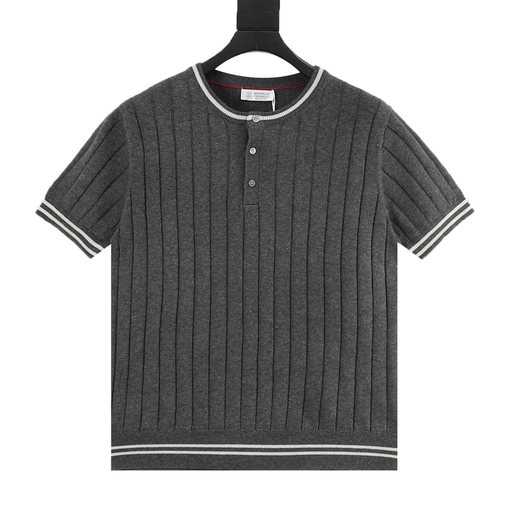 Brunello Cucinelli Striped Patchwork Knit Short-Sleeve Top