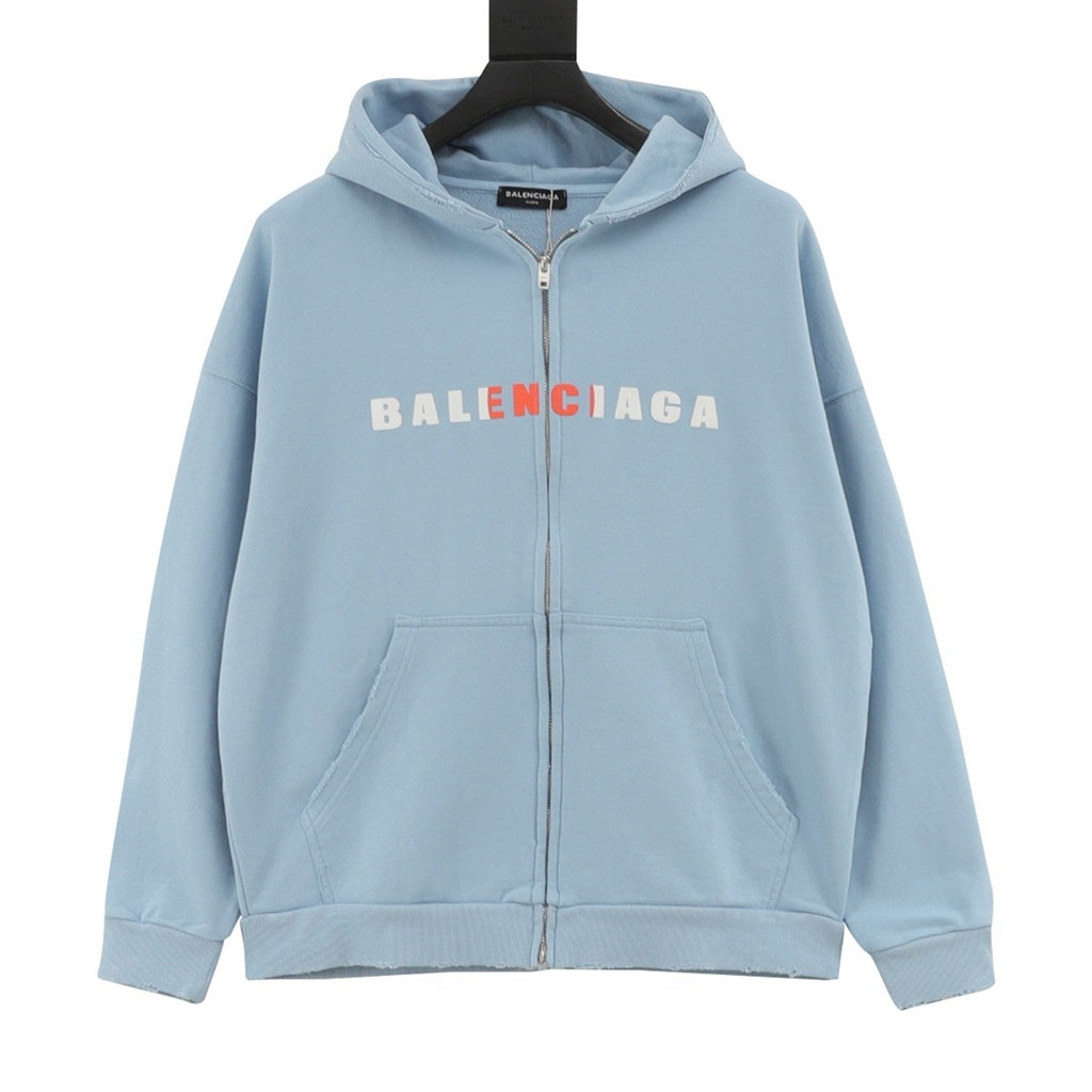 Balenciaga Women's Men's Light Blue Logo Zip-Up Hoodie