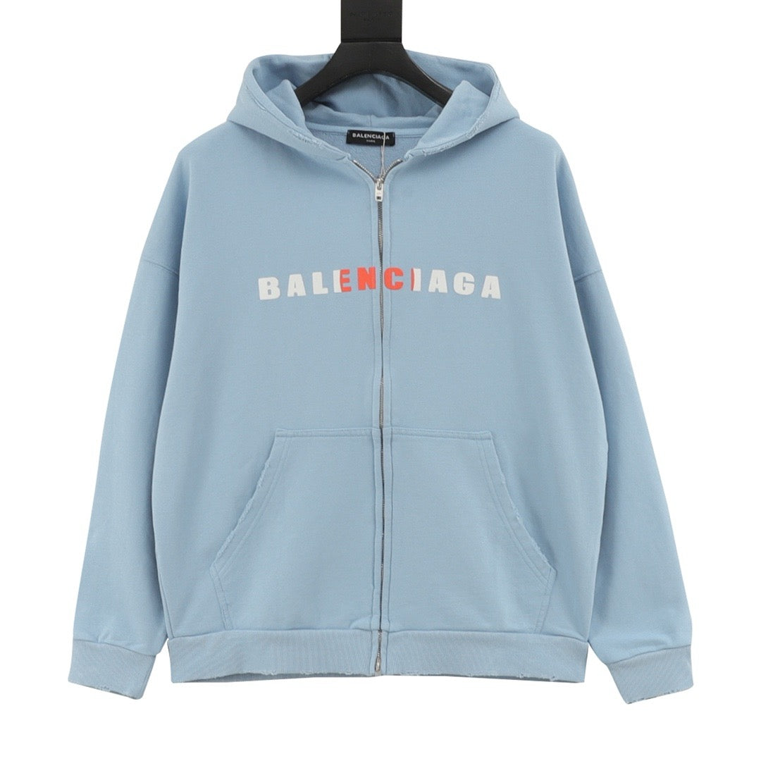 Balenciaga Women's Men's Light Blue Logo Zip-Up Hoodie