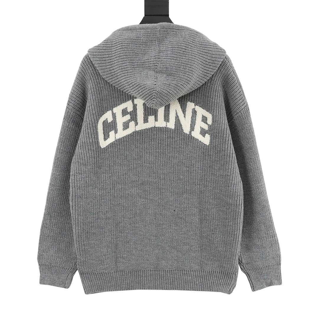Celine Women's Men's Grey Triomphe Logo Knit Hoodie