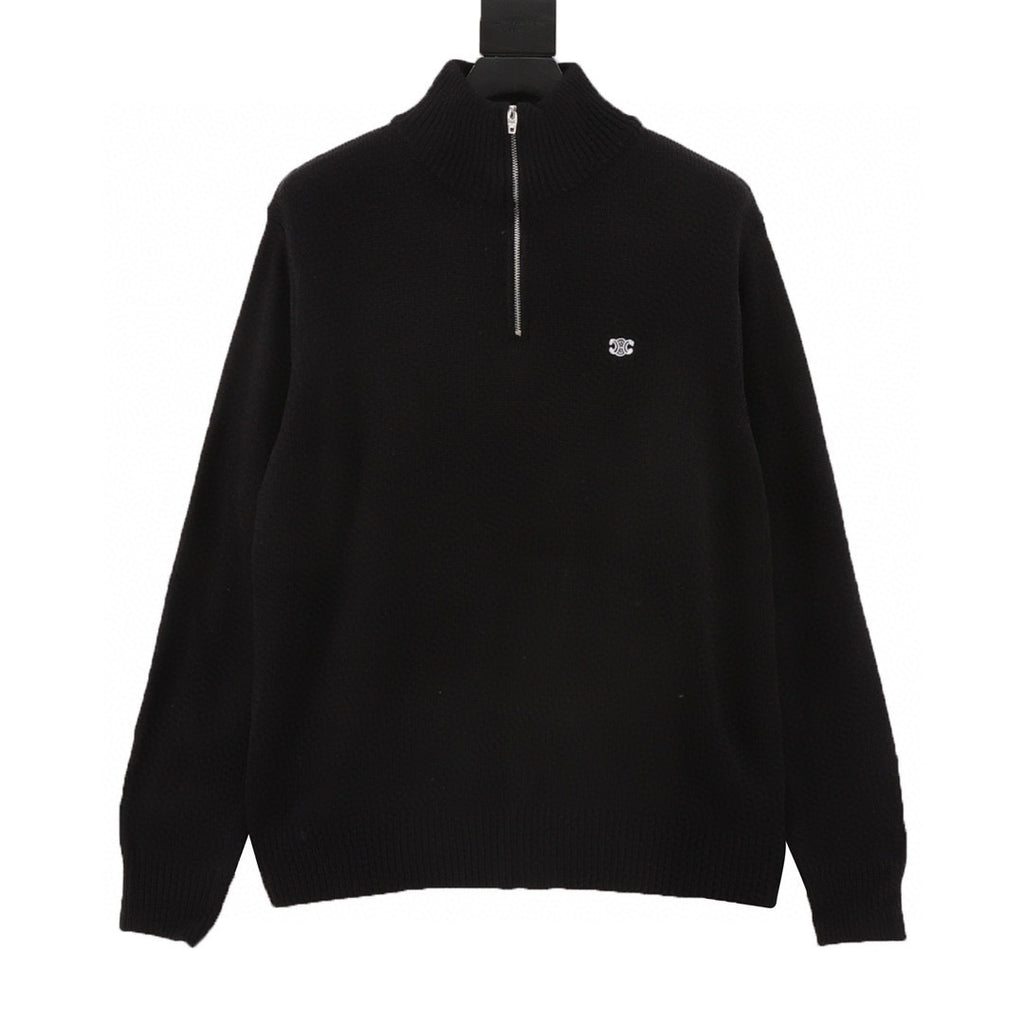 Chanel CC Logo Tonal Embroidered Half-Zip Mock Neck Knit Sweater