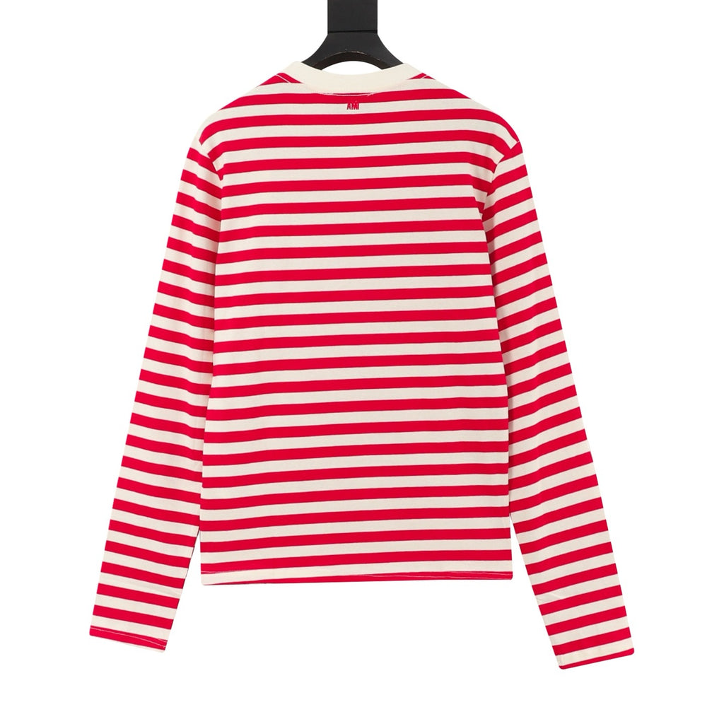 AMI Paris Women's & Men's Red & Off-White Striped Long Sleeve Heart Logo Top