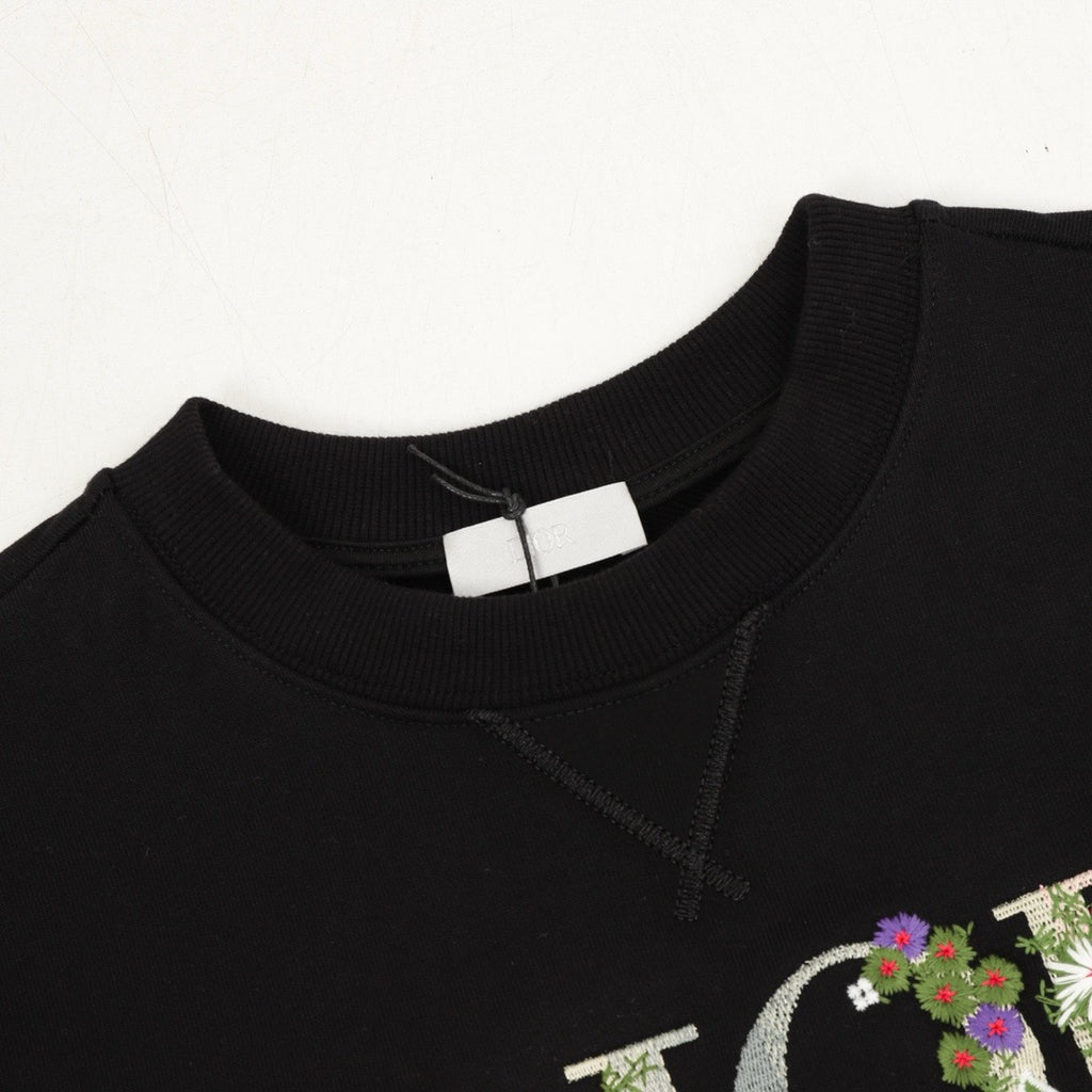 Dior Women's & Men's Black Floral Embroidered Logo Crewneck Sweatshirt