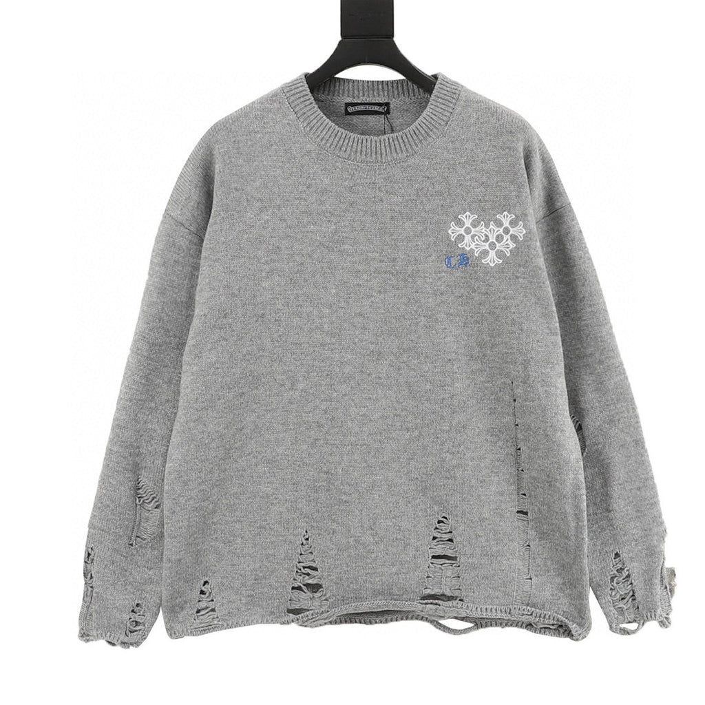 CH Embroidered Sanskrit Cross Distressed Knit Sweater