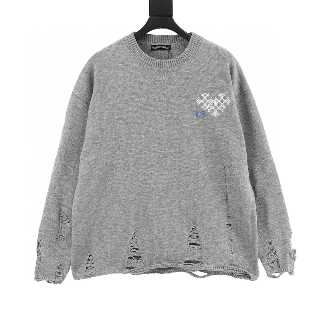 CH Embroidered Sanskrit Cross Distressed Knit Sweater