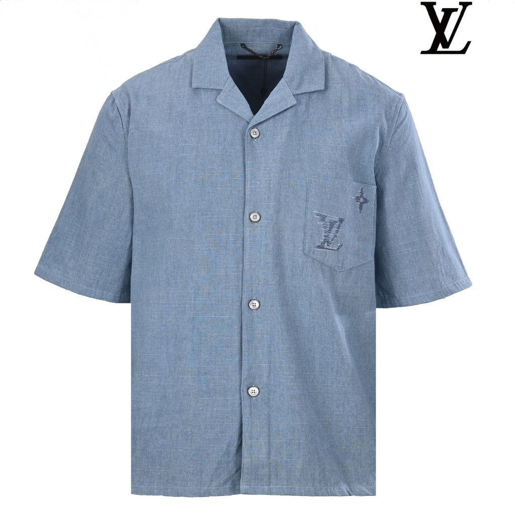 Louis Vuitton Men's Light Blue Embroidered Short Sleeve Shirt