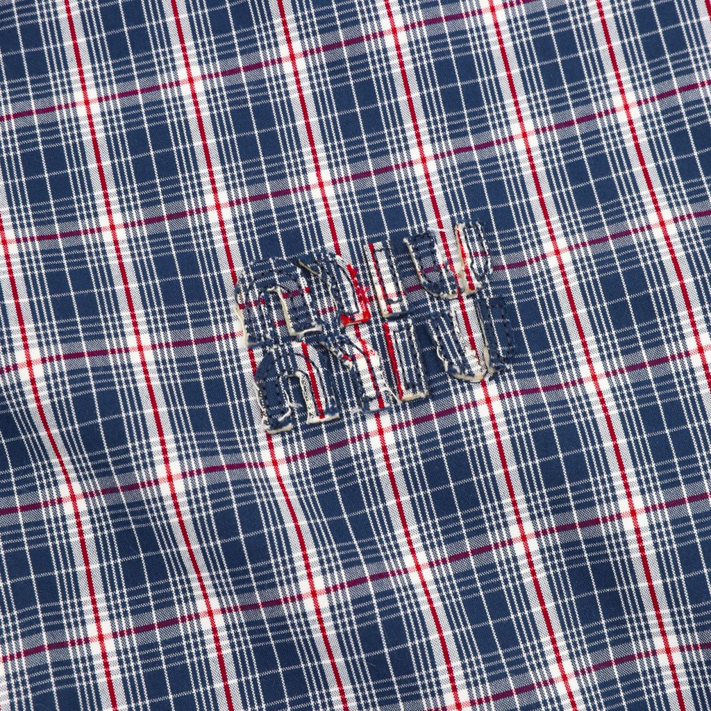 Miu Miu Blue Plaid Embroidered Logo Shirt Jacket | Elastic Hem Preppy Casual Outerwear