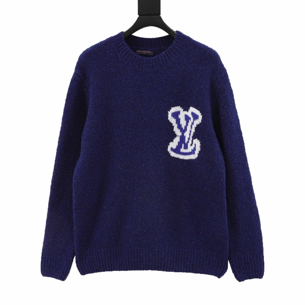 Louis Vuitton Women's Men's Navy Blue Intarsia LV Logo Crewneck Sweater
