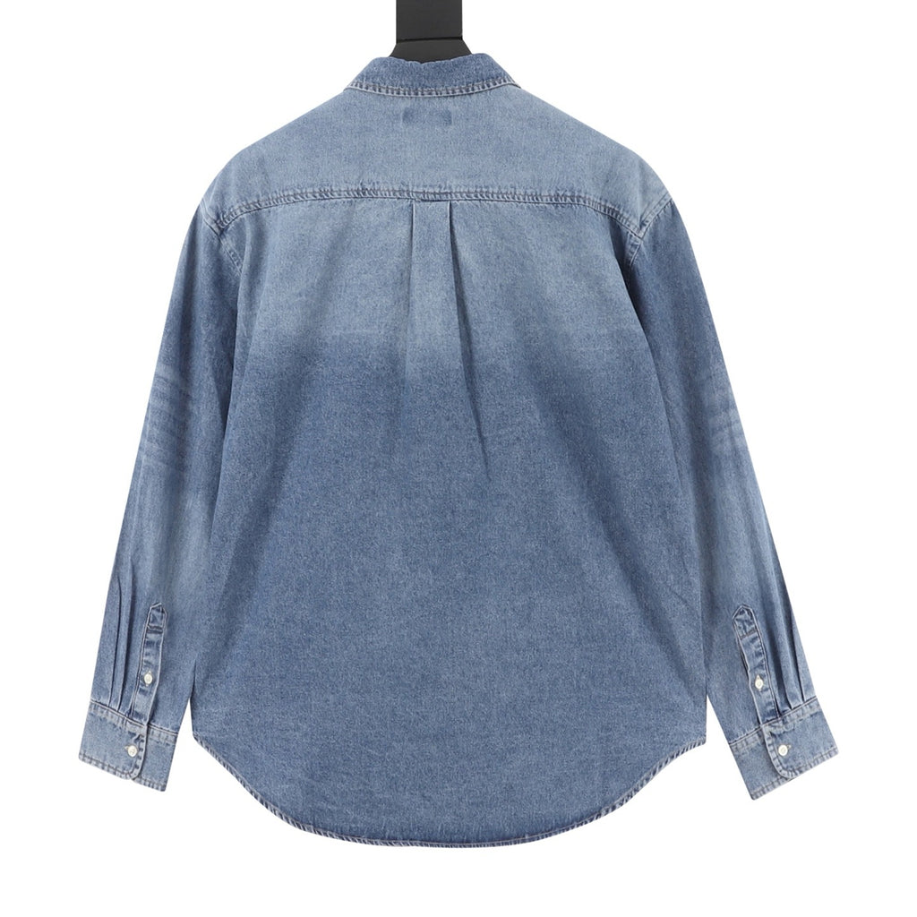 Celine Women's Men's Light Blue Logo Patch Long-Sleeve Denim Shirt