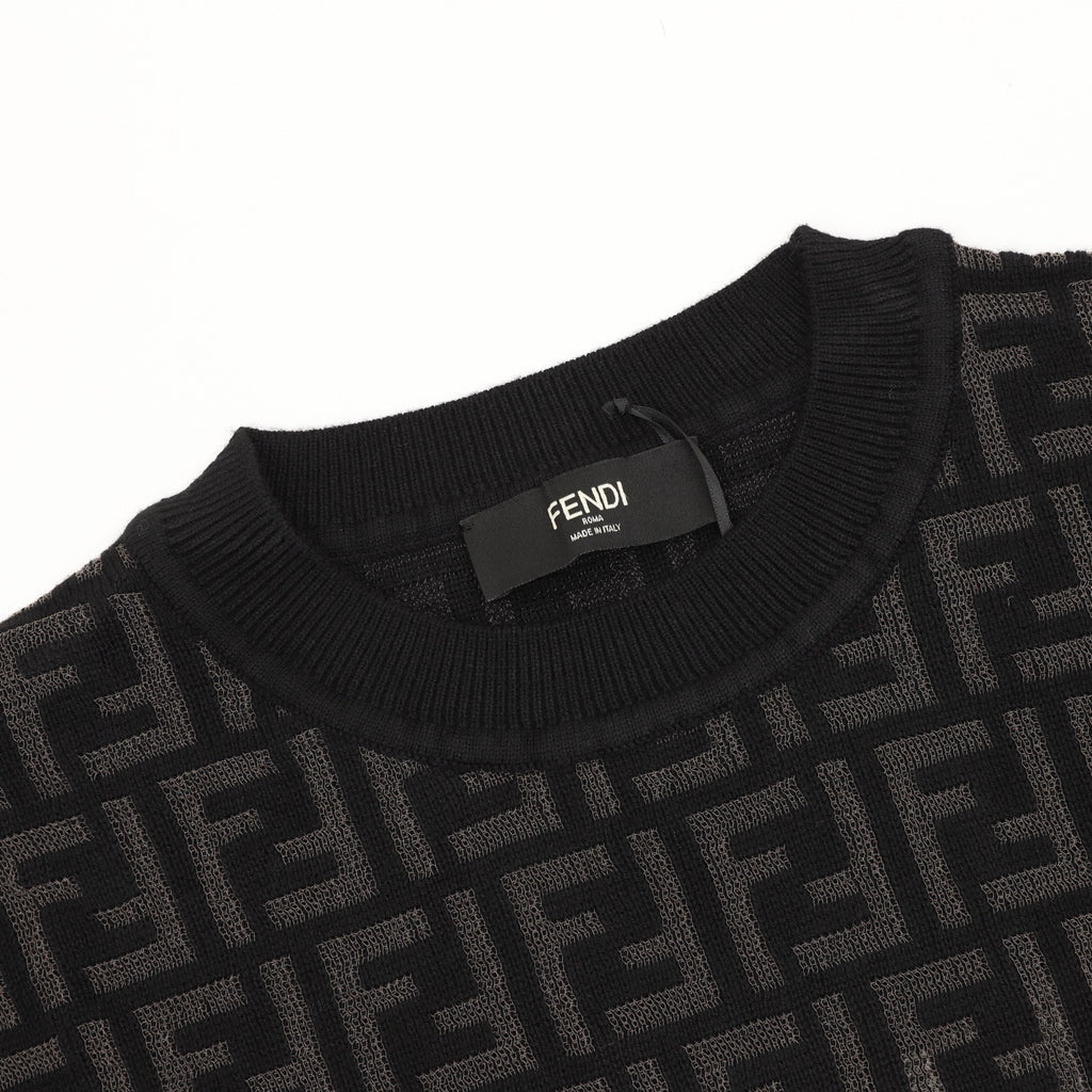 Fendi FF Monogram All-Over Jacquard Crewneck Sweater | Black Tonal Luxury Knitwear