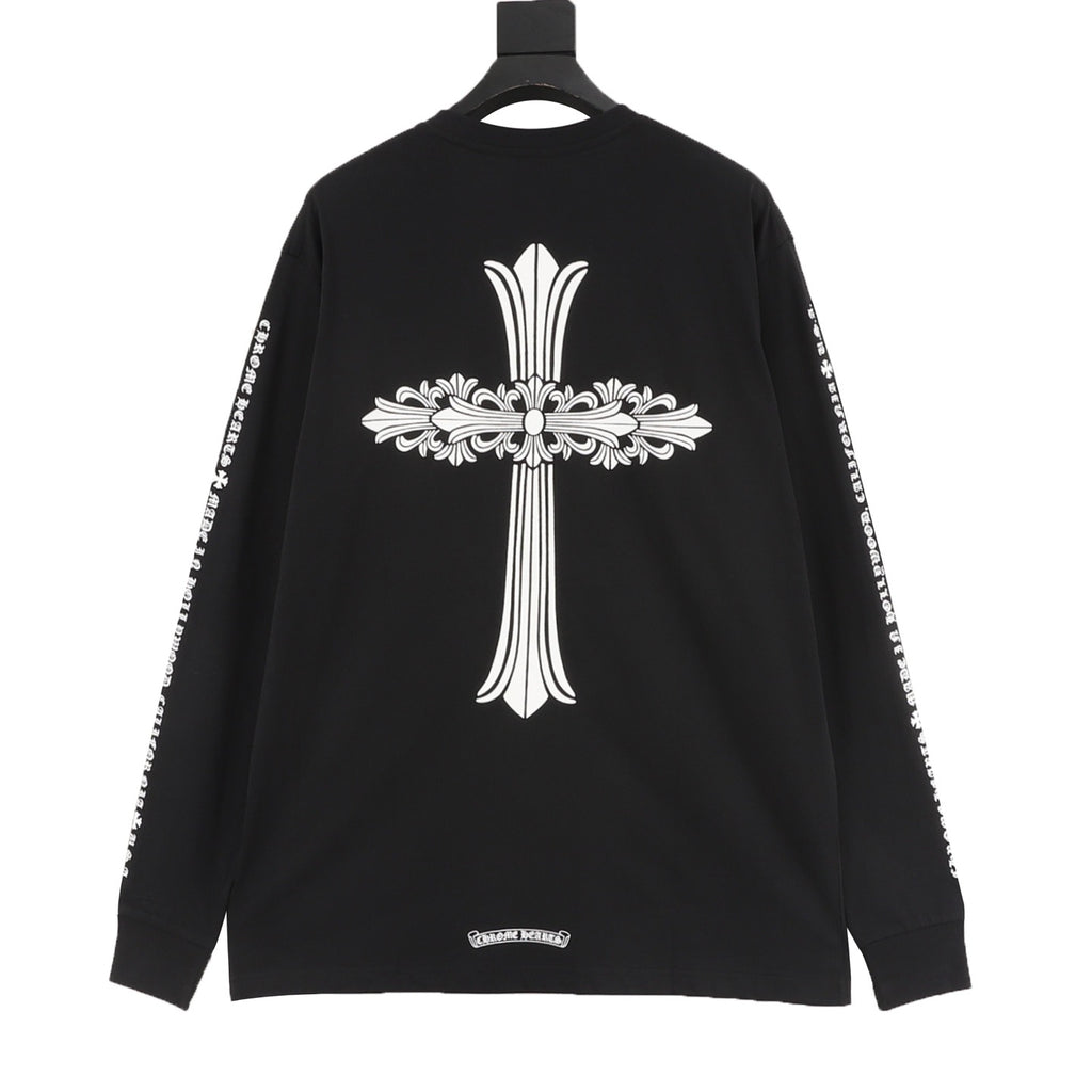 Chrome Hearts "Large Floral Cross" Print Long-Sleeve Tee (Black & White)